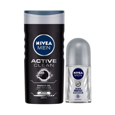 Nivea Men Shower Gel, Active Clean Body Wash, Men, 250ml & Men Deodorant Roll On, Silver Protect, 50ml
